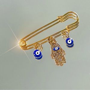 NEW Evil Eye Hamsa Safety Pin Brooch Gold Pins Backpack Charm Egypt Greece